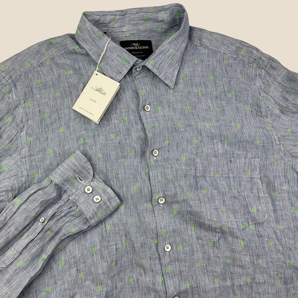 Rodd And Gunn Linen Shirt Sports Fit Woven In Italy Men Sz L Striped Blue Dots